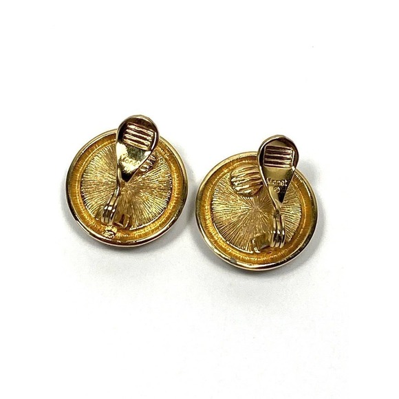 MONET Clip Ons Clips Earrings Black Acrylic Gold Tone Circles Vintage Signed - Picture 3 of 10